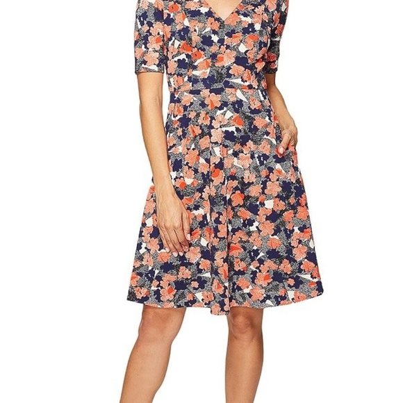 Donna Morgan Piqué Floral Fit & Flare Dress Navy Coral Size 14 Cocktail Wedding - Picture 6 of 13